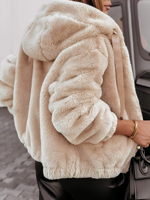 Women's Hooded Long-sleeved Fur Casual Zipper Coat