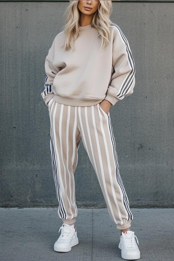 Women's casual street sporty striped sweatshirt set