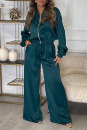 Women's Spring and Fall Casual Solid Color Short Top Jacket Elastic Trouser Suit