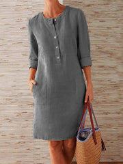 Cotton & Linen Round Neck Long Sleeve Dress