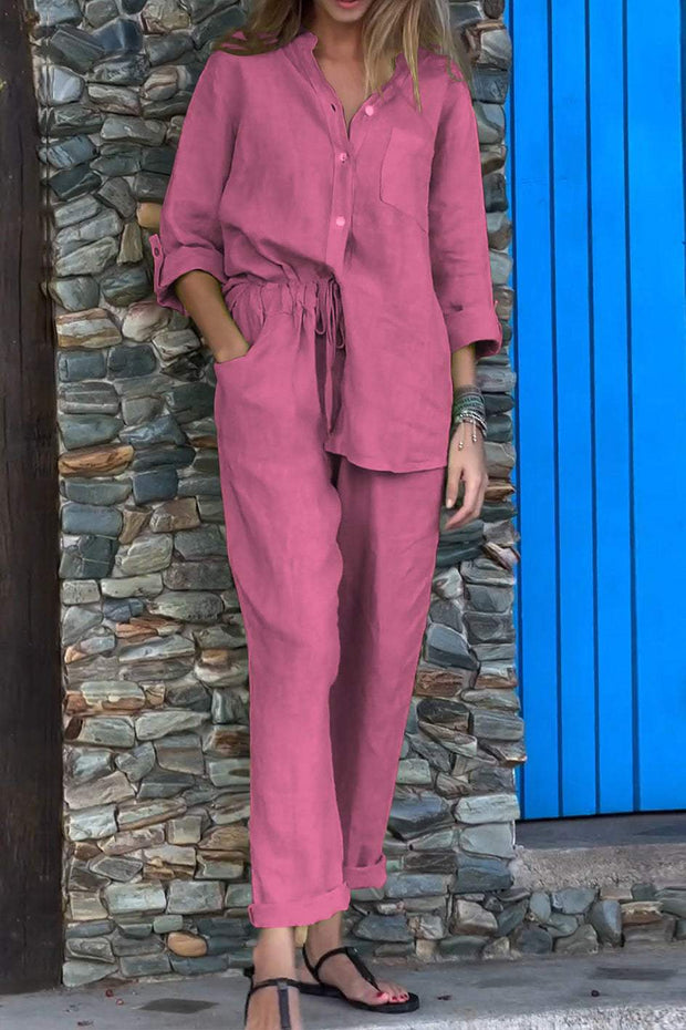 Women Cotton And Linen Top & Trousers Two-piece Set