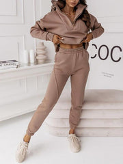 Casual sweatshirt stand collar zipper solid color trousers suit