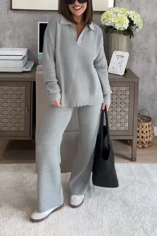 Women's Casual Lapel Long Sleeve Knitted Sweater Pants Suit