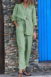 Women Cotton And Linen Top & Trousers Two-piece Set