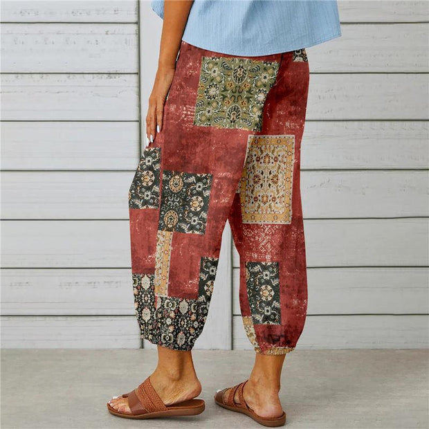 Cotton and Linen Drawstring Cropped Trousers with Retro Print