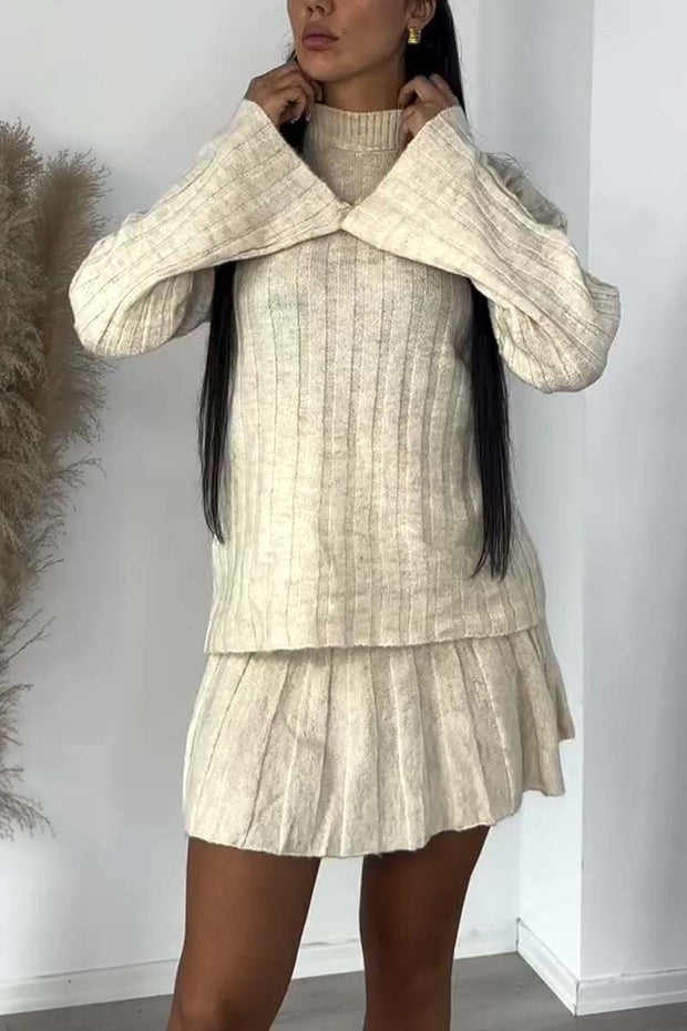 Women's simple solid color wide striped sweater skirt suit