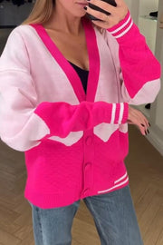 Women's casual V-neck color-block wool cardigan