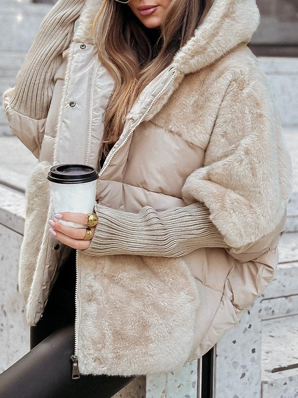 Women's Hooded Long-sleeved Fur Patchwork Winter Casual Coat