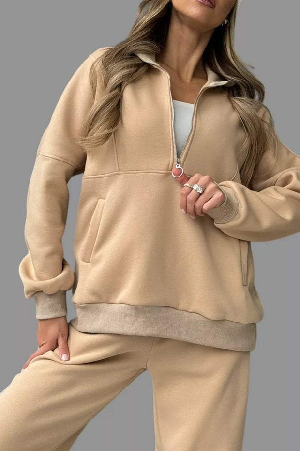 Women's Casual Solid Color Zip Neck Two Piece Set