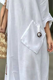 Patch pocket round neck cotton and linen dress