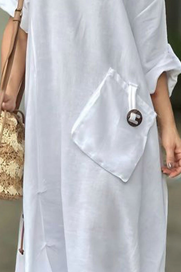 Patch pocket round neck cotton and linen dress