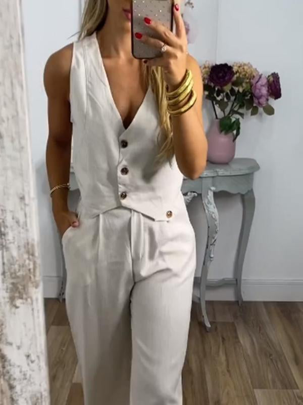 Vest top + wide leg pants cotton and linen two-piece set