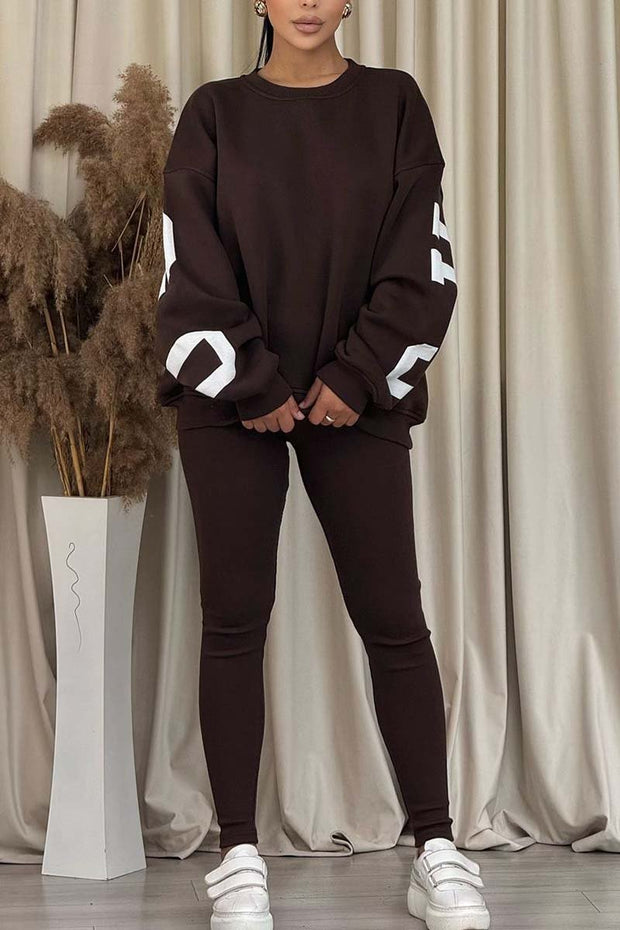 Women's casual back letter print sweatshirt and leggings two-piece set