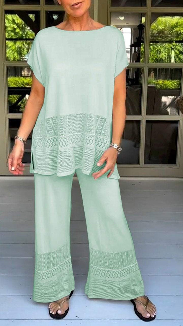 Two-piece Suit with Round Neck, Short Sleeves and Cutout Design