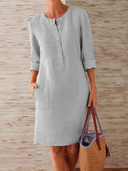 Cotton & Linen Round Neck Long Sleeve Dress