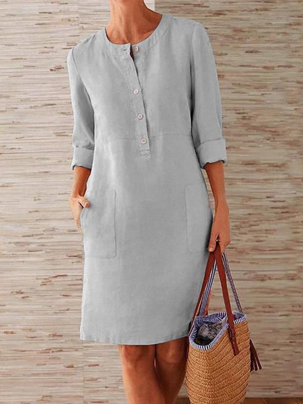 Cotton & Linen Round Neck Long Sleeve Dress