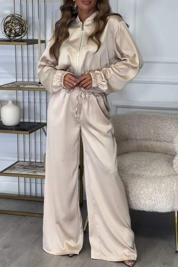 Women's Spring and Fall Casual Solid Color Short Top Jacket Elastic Trouser Suit