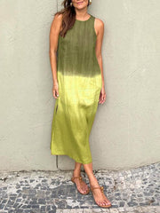 Women's casual cotton and linen sleeveless slit gradient tie-dye long dress