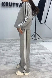 Women's Casual Striped Zipper Cardigan Two Piece Set