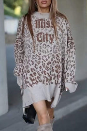 Leopard Print Crew Neck Long Sleeve Pullover Sweater