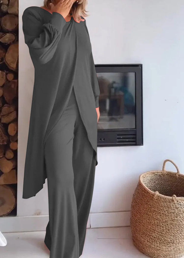 Round Neck Long Cardigan and Trousers Suit