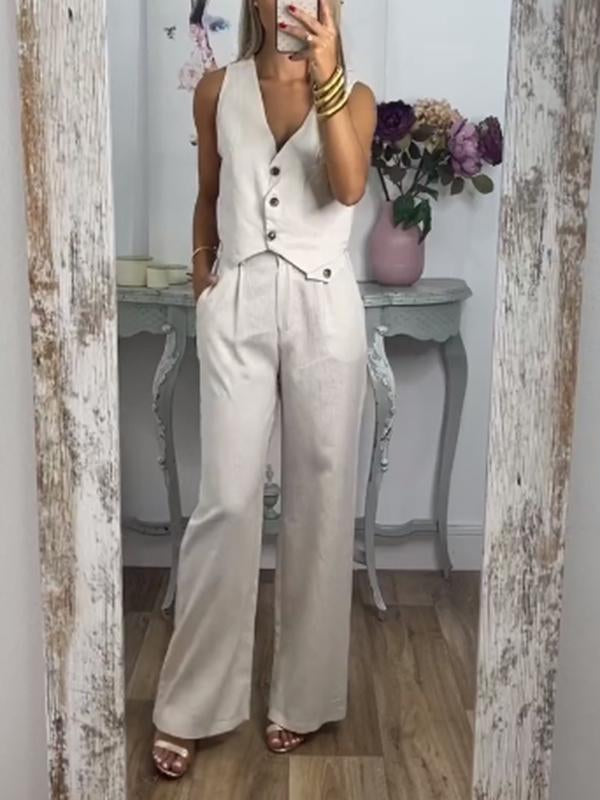 Vest top + wide leg pants cotton and linen two-piece set