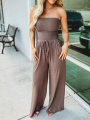 Off-the-shoulder solid color gathered jumpsuit