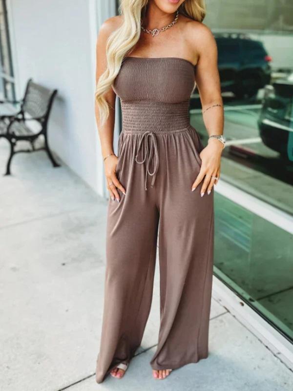 Off-the-shoulder solid color gathered jumpsuit