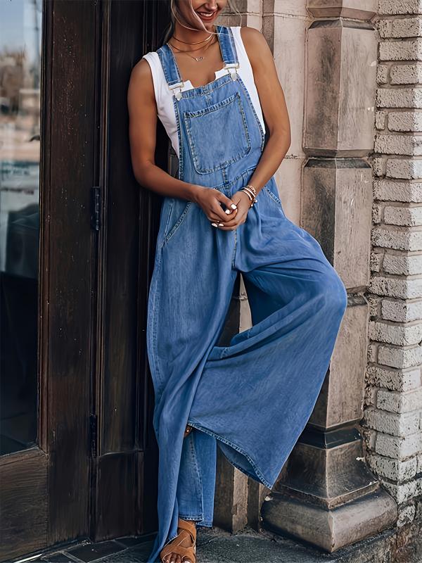 Loose Side Pocket Sleeveless Denim Jumpsuits