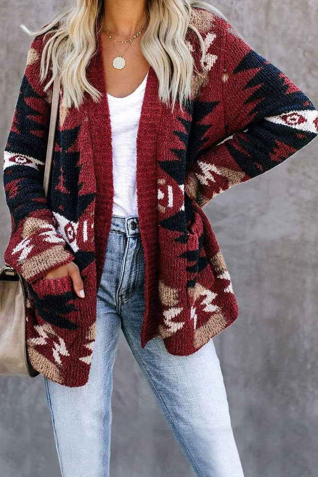 Vintage Western Print Casual Knit Cardigan