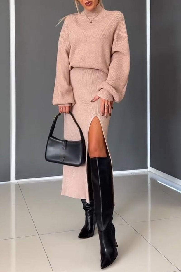 Women's High Collar Long Sleeve Sweater Skirt Two Piece Suit