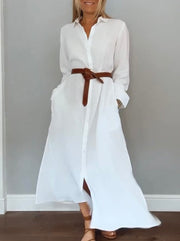 Women's Casual Solid Color Linen Shirt Dress Without Belt