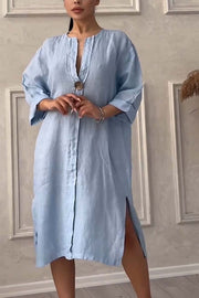 Casual buttoned cotton and linen dress