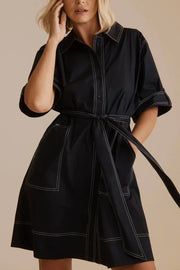 Women's Solid Contrast Stitching Shirt Dress