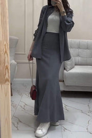 Women's Lapel Long-sleeved Shirt and Skirt Two-piece Set