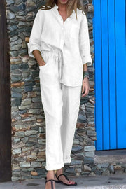 Women Cotton And Linen Top & Trousers Two-piece Set