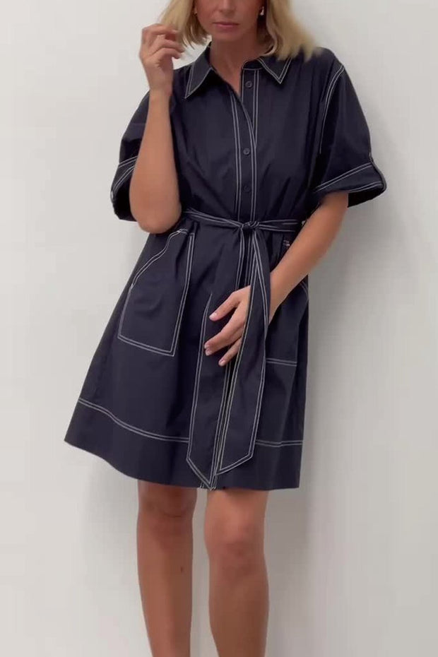 Women's Solid Contrast Stitching Shirt Dress