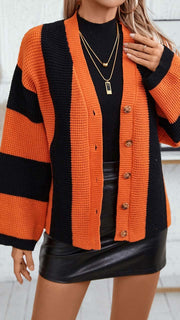 Women's Casual Striped Contrasting Loose Bell Sleeve Sweater Knitted Cardigan