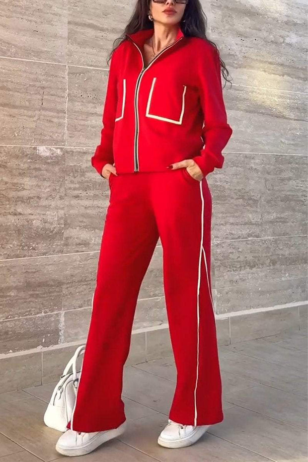 Women's Lapel Long Sleeve Zipper Two Piece Suit