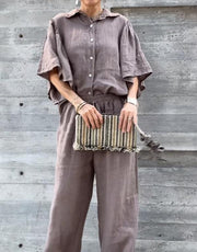 Ruffle sleeve lapel cotton and linen top + wide-leg pants two-piece set