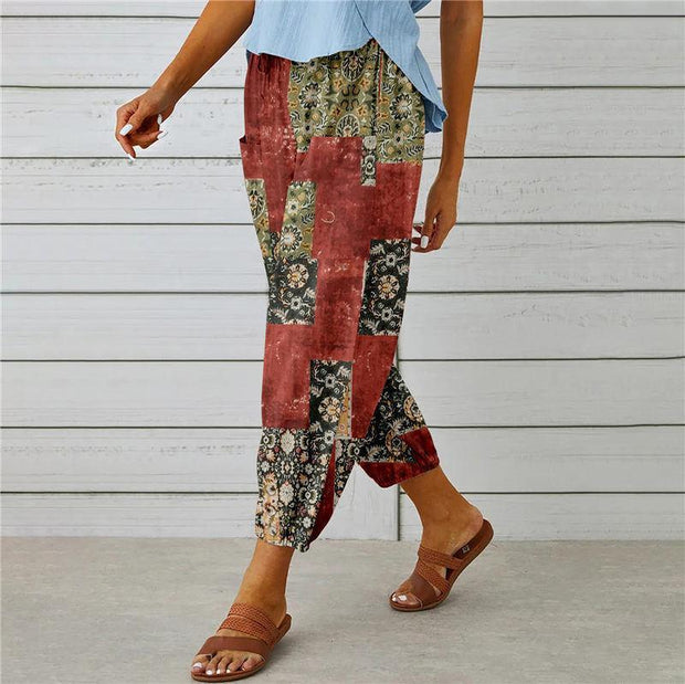 Cotton and Linen Drawstring Cropped Trousers with Retro Print