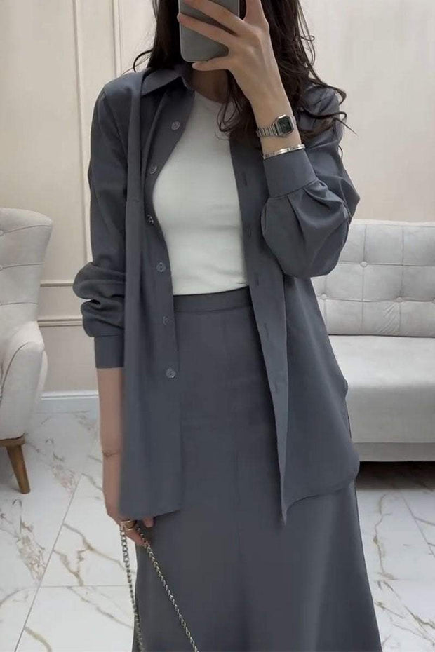 Women's Lapel Long-sleeved Shirt and Skirt Two-piece Set