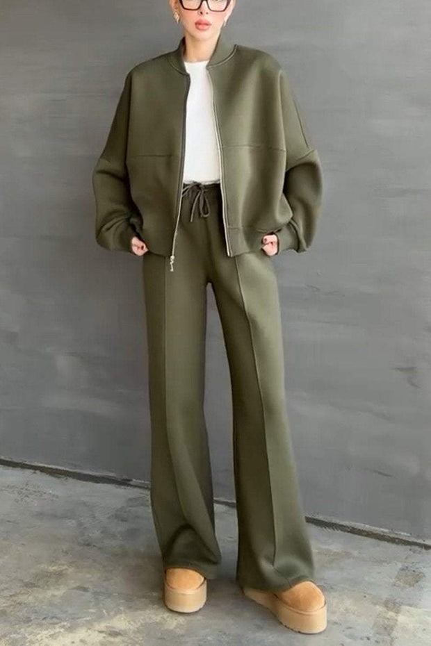 Women's Casual Solid Color Zipper Two Piece Suit