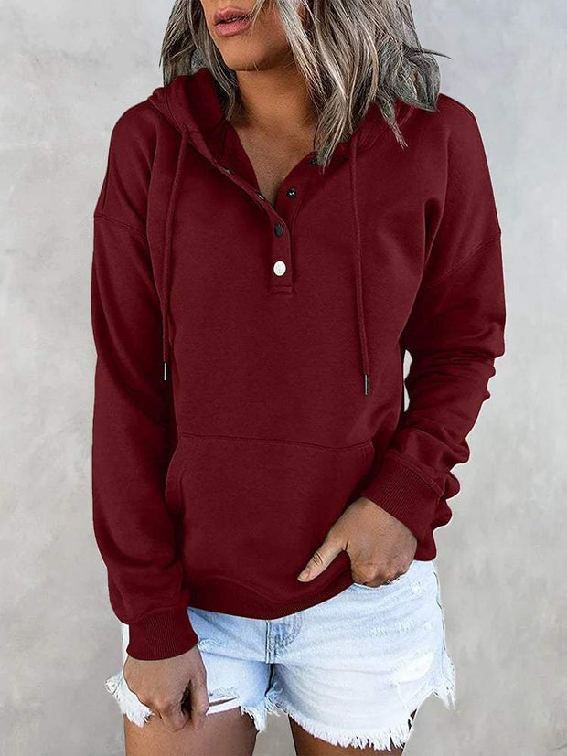 Hotouch Solid Button Front Hoodie with Pocket