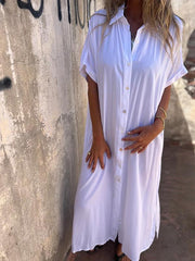 Casual breasted POLO neck short sleeve cotton hemp dress