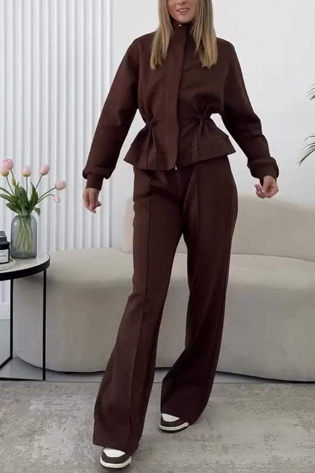 Women's Casual Stand Collar Waist Two Piece Suit