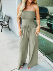 Off-the-shoulder solid color gathered jumpsuit