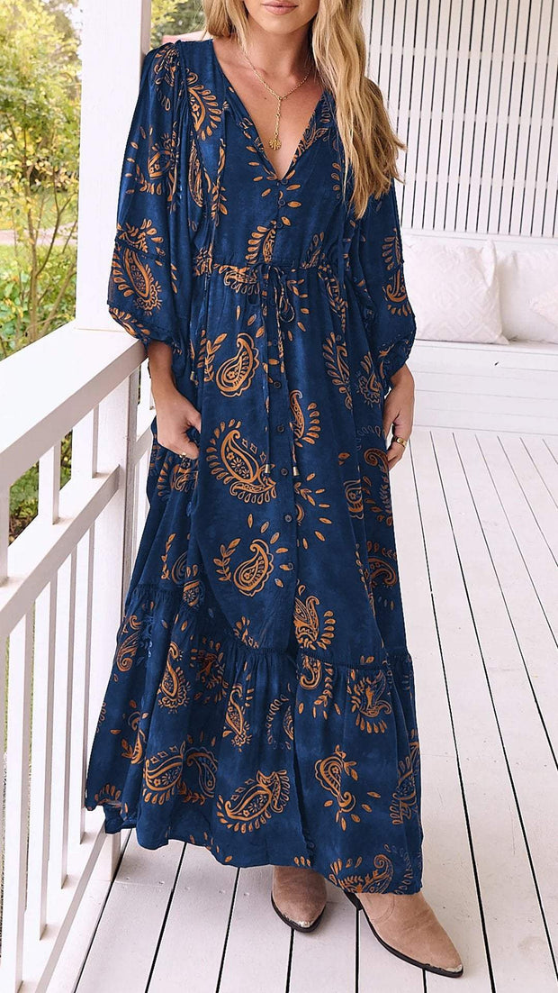 Women's V-neck Printed Long-sleeved Casual Dress