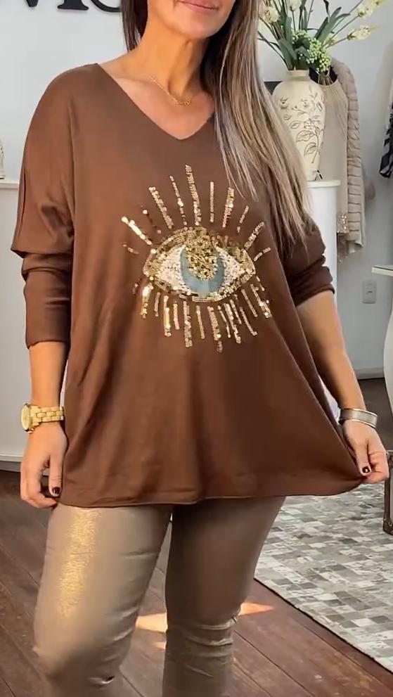 Women's Casual Loose Sequin Eyes Long Sleeve Top