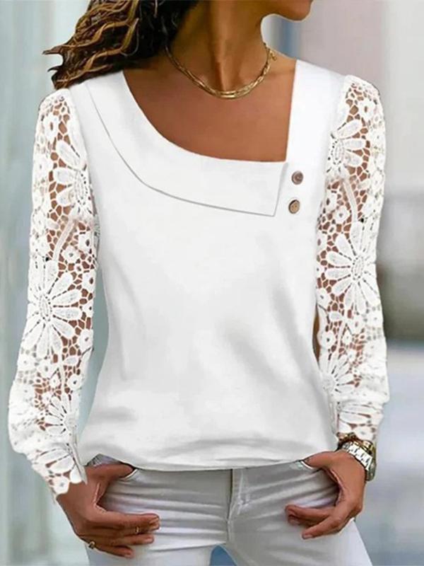 Women's Slant Neck Lace Long Sleeve Top